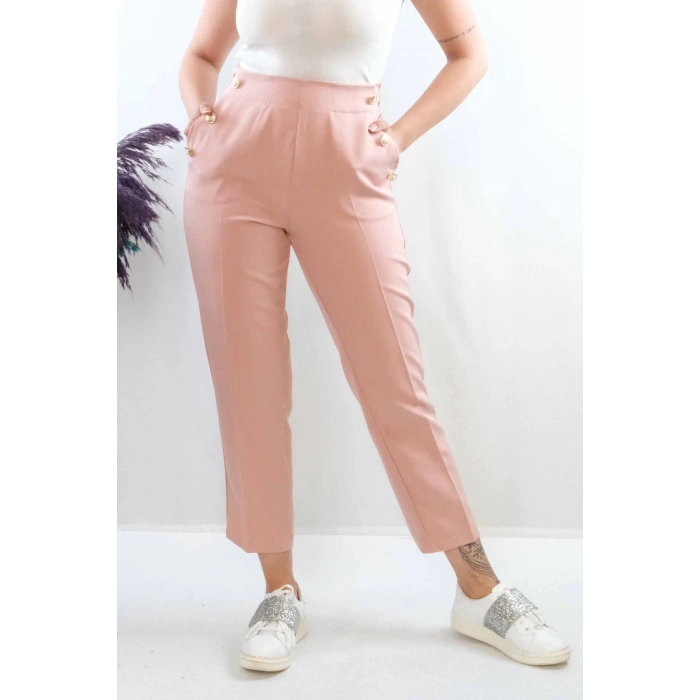 Moda Çizgi Düğme Aksesuarlı Yüksek Bel Pantolon Pudra