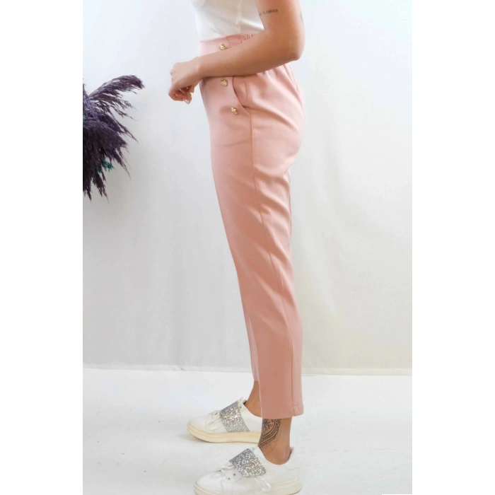 Moda Çizgi Düğme Aksesuarlı Yüksek Bel Pantolon Pudra