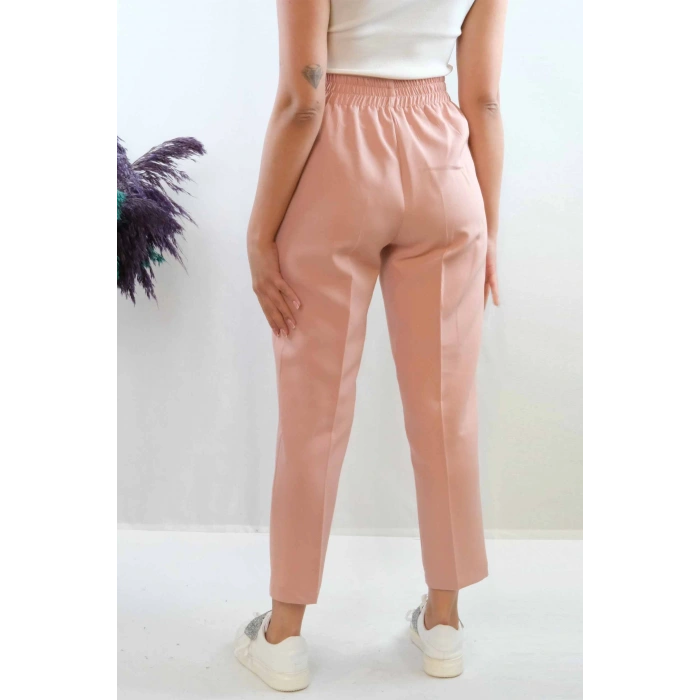 Moda Çizgi Düğme Aksesuarlı Yüksek Bel Pantolon Pudra