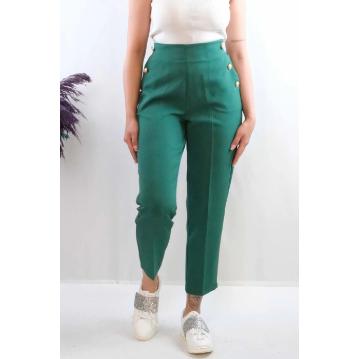 Moda Çizgi Düğme Aksesuarlı Yüksek Bel Pantolon Zümrüt