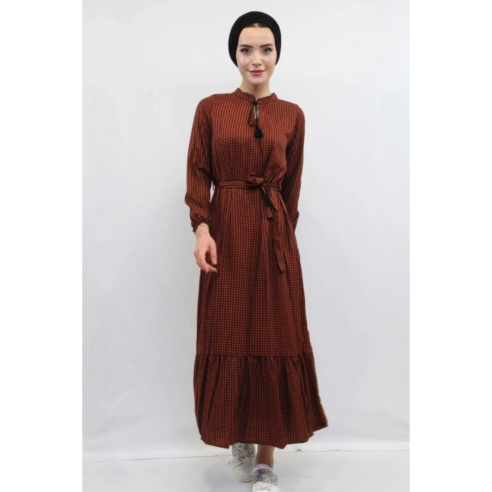 Moda Çizgi Ekose Elbise Kiremit