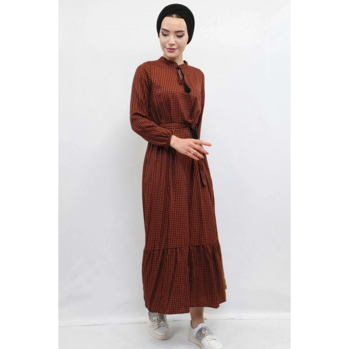 Moda Çizgi Ekose Elbise Kiremit