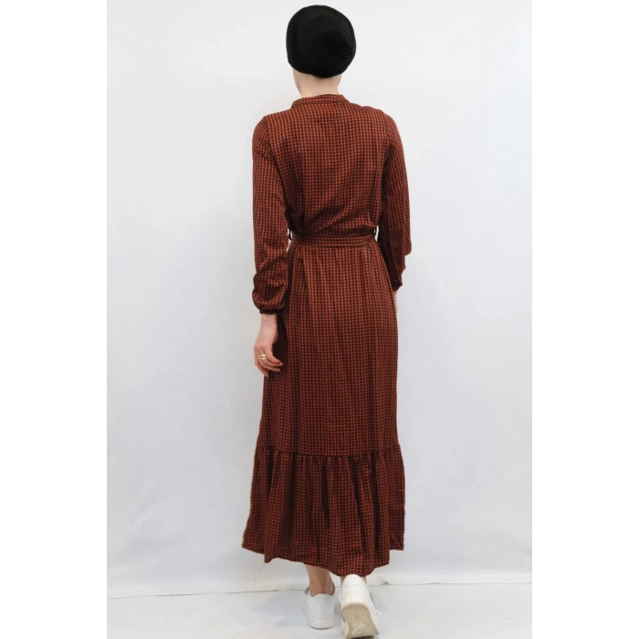 Moda Çizgi Ekose Elbise Kiremit