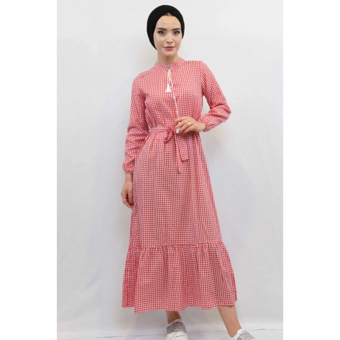 Moda Çizgi Ekose Elbise Kırmızı