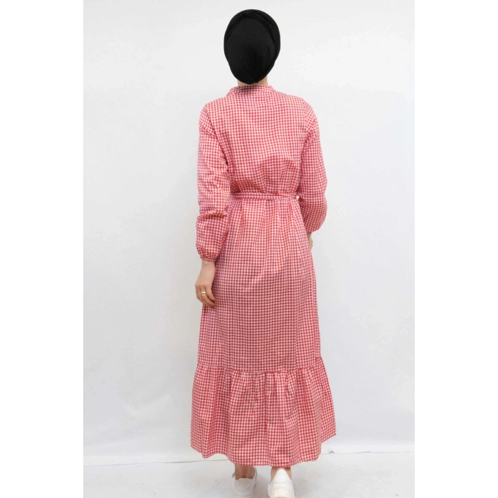 Moda Çizgi Ekose Elbise Kırmızı
