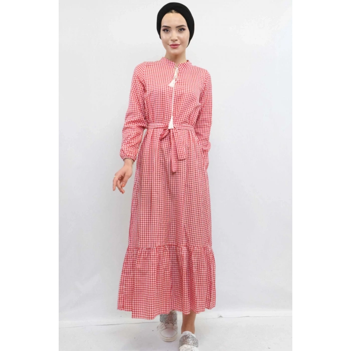 Moda Çizgi Ekose Elbise Kırmızı