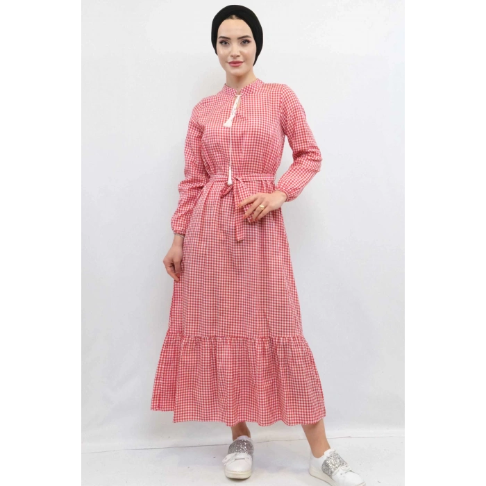 Moda Çizgi Ekose Elbise Kırmızı