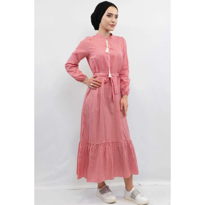 Moda Çizgi Ekose Elbise Kırmızı