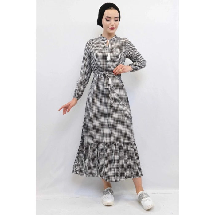 Moda Çizgi Ekose Elbise Siyah