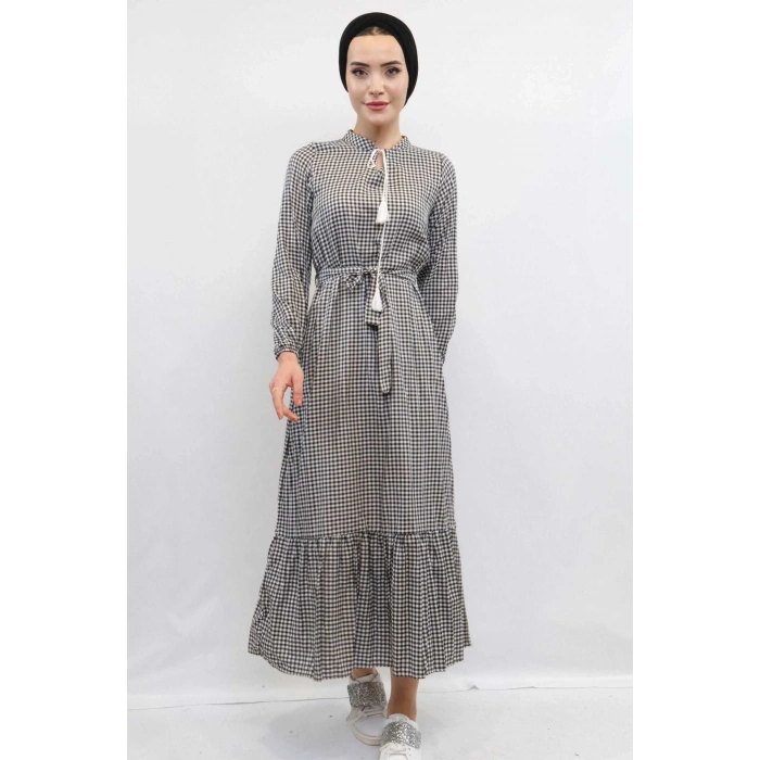 Moda Çizgi Ekose Elbise Siyah