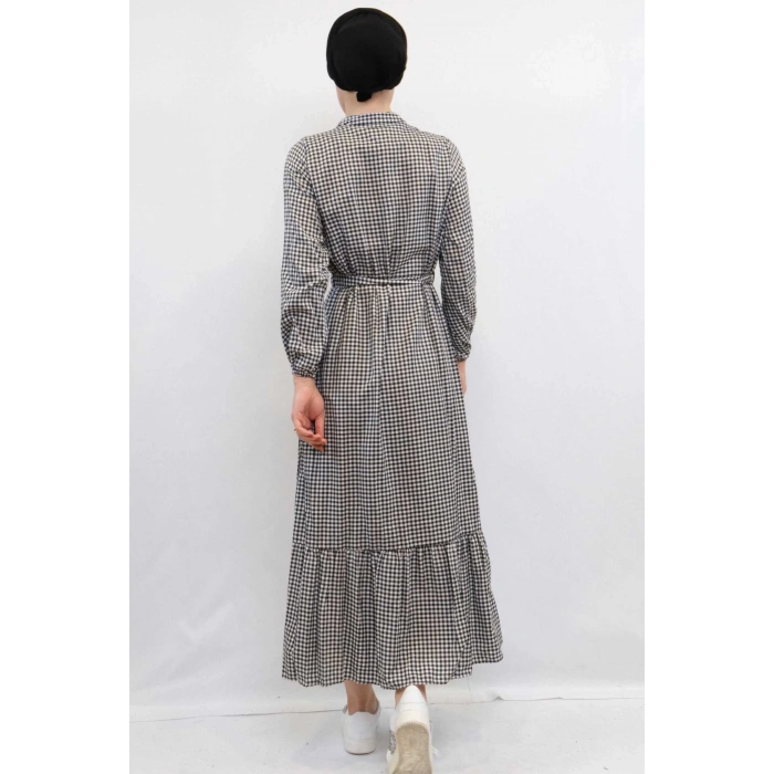 Moda Çizgi Ekose Elbise Siyah