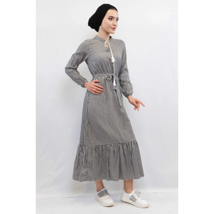 Moda Çizgi Ekose Elbise Siyah