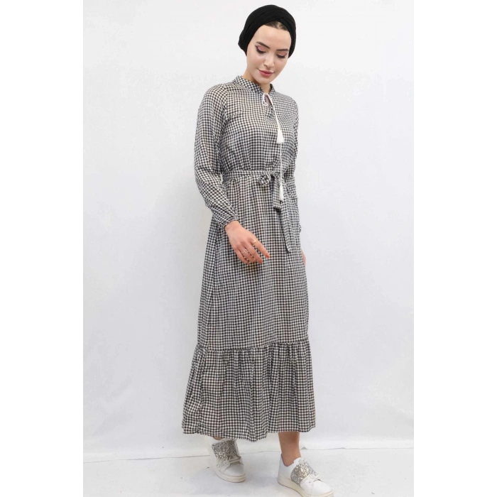 Moda Çizgi Ekose Elbise Siyah