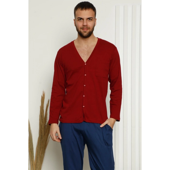 Moda Çizgi Erkek %100 Pamuk Önden Düğmeli Cepli Uzun Kollu Pijama Takımı 6767