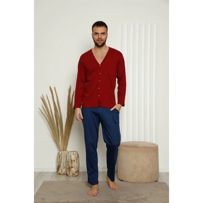 Moda Çizgi Erkek %100 Pamuk Önden Düğmeli Cepli Uzun Kollu Pijama Takımı 6767