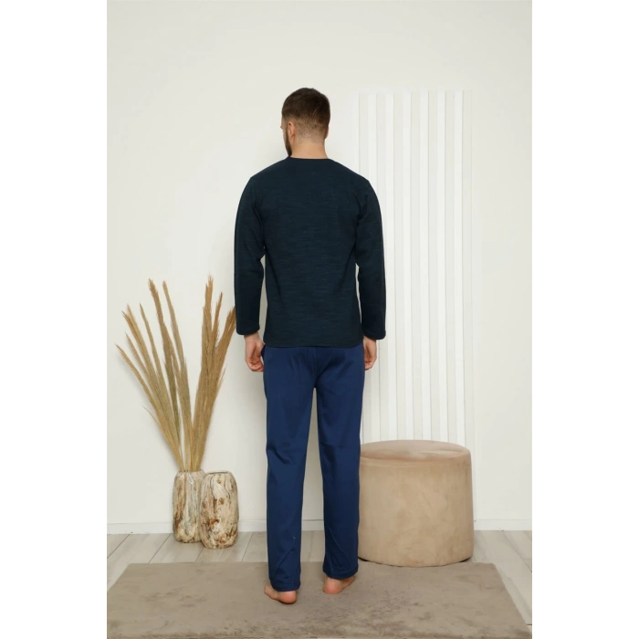 Moda Çizgi Erkek %100 Pamuk Önden Düğmeli Cepli Uzun Kollu Pijama Takımı 6768