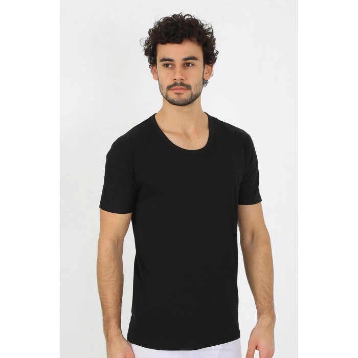 Moda Çizgi Erkek Açık Yaka Siyah Penye Atlet 6565