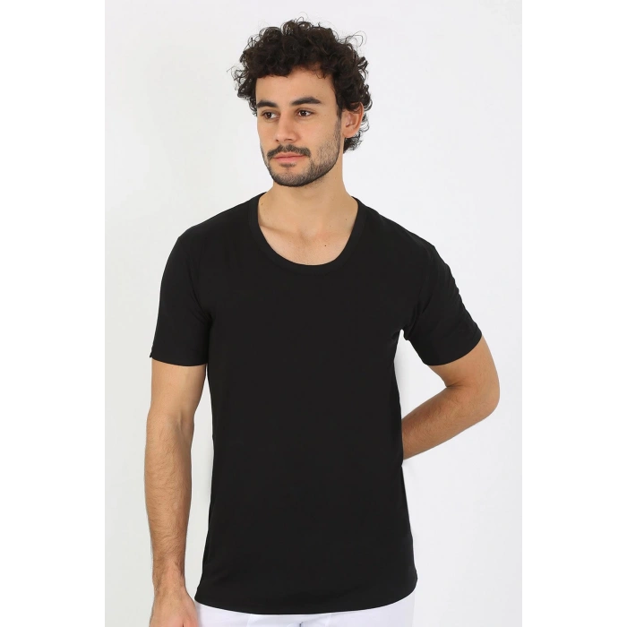 Moda Çizgi Erkek Açık Yaka Siyah Penye Atlet 6565