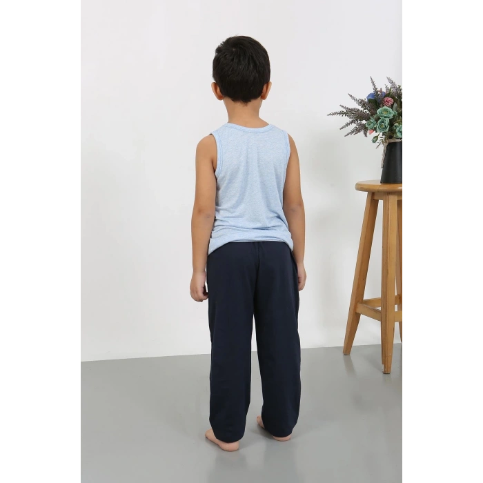 Moda Çizgi Erkek Çocuk Sıfır Kol Penye Pijama Takım Mavi 20439