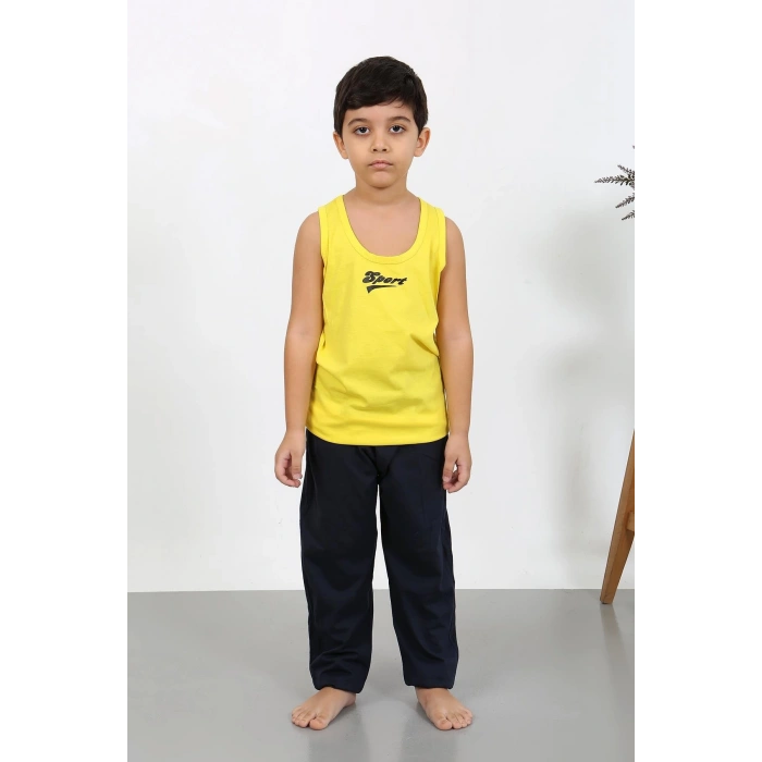 Moda Çizgi Erkek Çocuk Sıfır Kol Penye Pijama Takım Sarı 20439