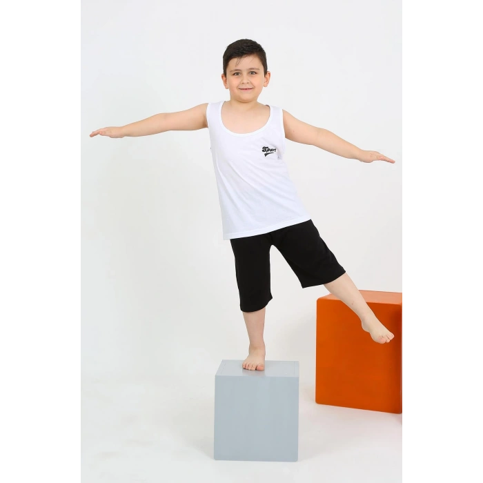 Moda Çizgi Erkek Çocuk Sıfır Kol Şortlu Beyaz Penye Pijama Takımı 20434