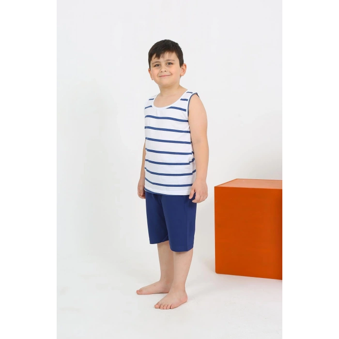 Moda Çizgi Erkek Çocuk Sıfır Kol Şortlu Beyaz Penye Pijama Takımı 20435