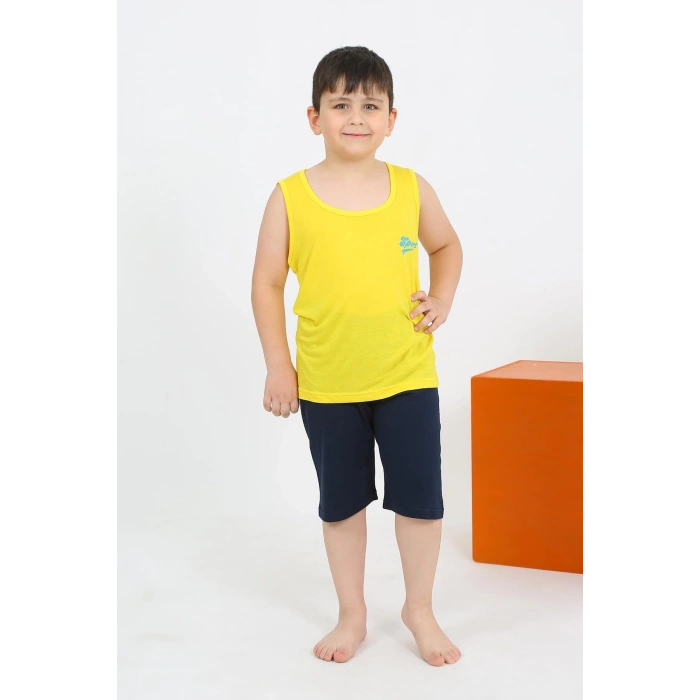 Moda Çizgi Erkek Çocuk Sıfır Kol Şortlu Sarı Penye Pijama Takımı 20435
