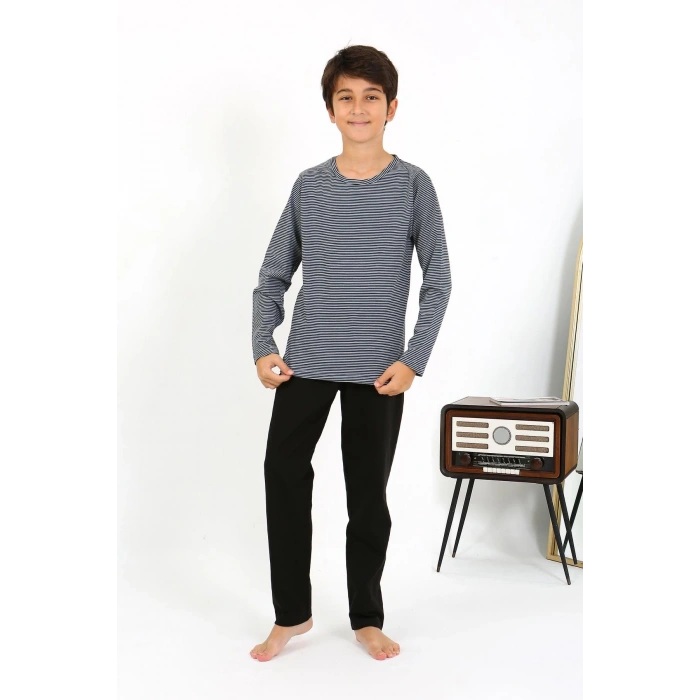 Moda Çizgi Erkek Çocuk Uzun Kol Penye Pijama Takım 20438 Gri