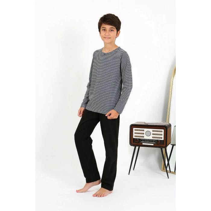 Moda Çizgi Erkek Çocuk Uzun Kol Penye Pijama Takım 20438 Gri
