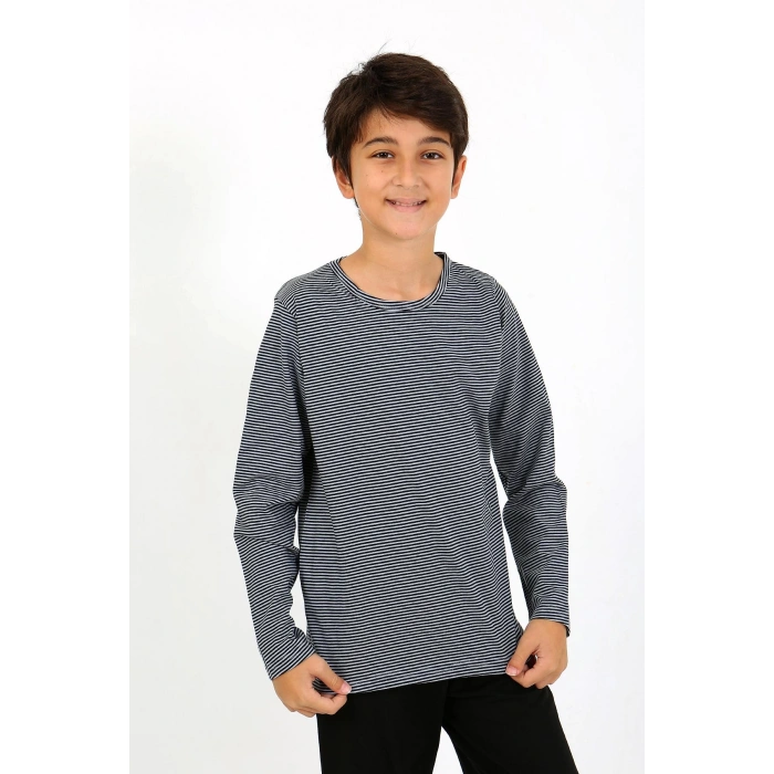 Moda Çizgi Erkek Çocuk Uzun Kol Penye Pijama Takım 20438 Gri