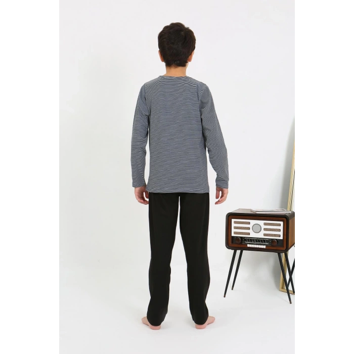 Moda Çizgi Erkek Çocuk Uzun Kol Penye Pijama Takım 20438 Gri
