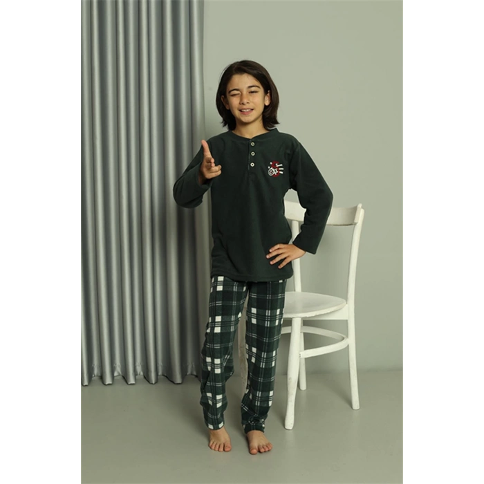 Moda Çizgi Erkek Çocuk WelSoft Polar Yeşil Pijama Takımı 20549