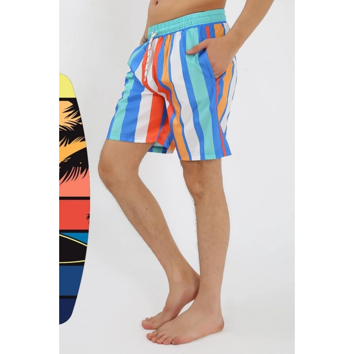 Moda Çizgi Erkek Desenli Fermuar Cepli Deniz Şortu Mavi 27526