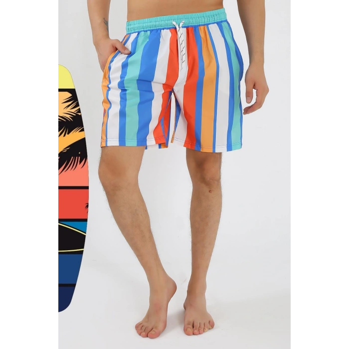 Moda Çizgi Erkek Desenli Fermuar Cepli Deniz Şortu Mavi 27526