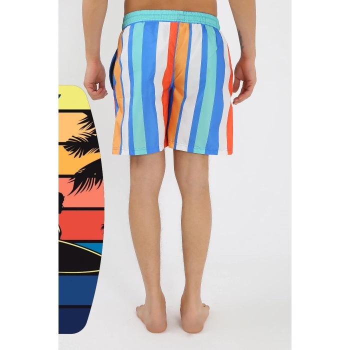 Moda Çizgi Erkek Desenli Fermuar Cepli Deniz Şortu Mavi 27526
