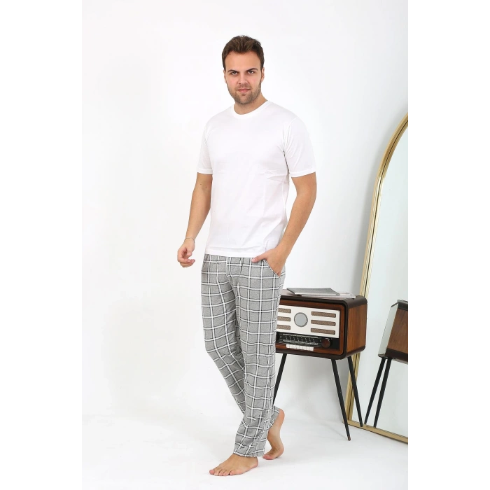 Moda Çizgi Erkek Ekoseli Desen Penye Tek Alt Pijama 27540 Gri