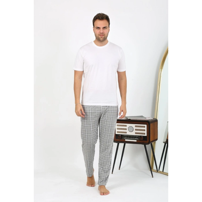 Moda Çizgi Erkek Ekoseli Desen Penye Tek Alt Pijama 27540 Gri