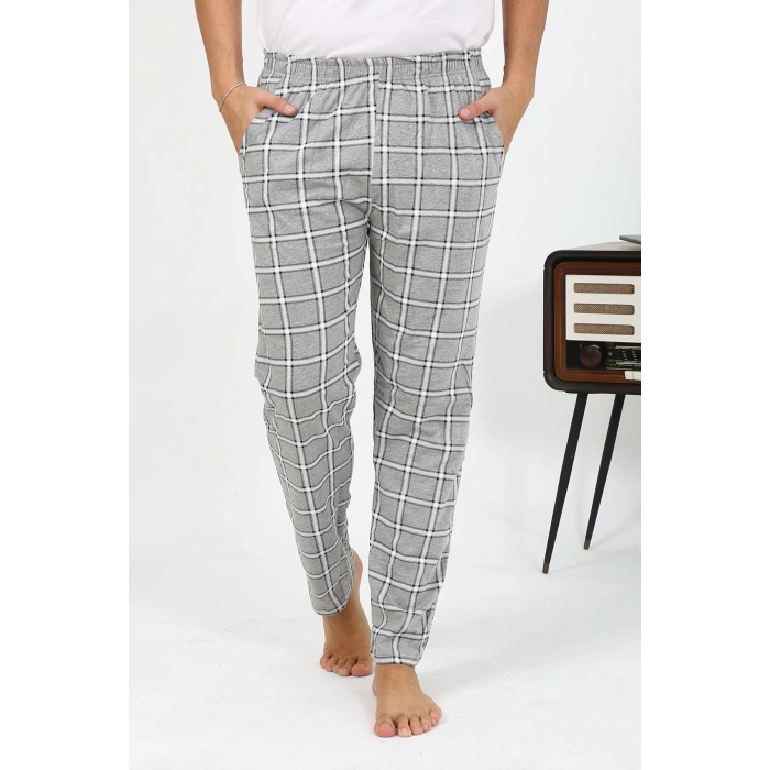 Moda Çizgi Erkek Ekoseli Desen Penye Tek Alt Pijama 27540 Gri