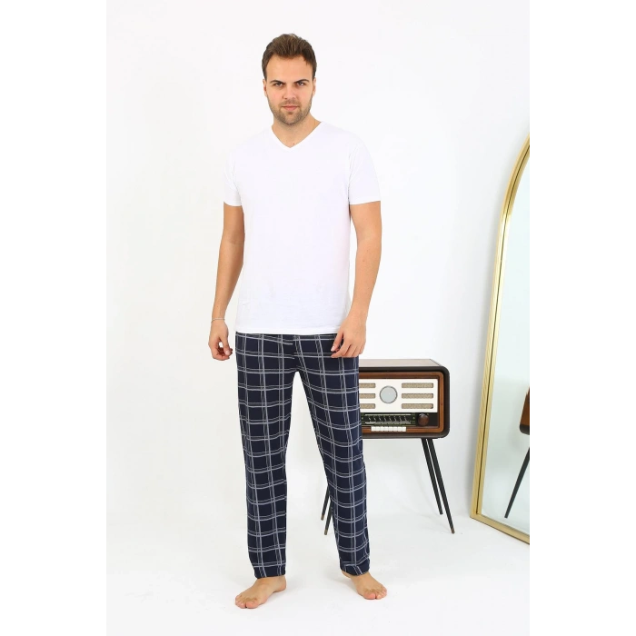 Moda Çizgi Erkek Ekoseli Desen Penye Tek Alt Pijama 27540 Lacivert