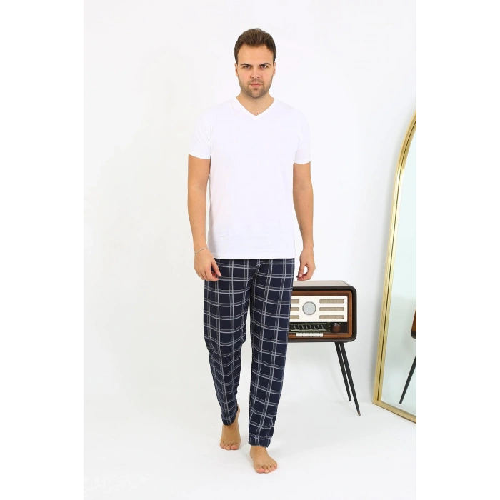 Moda Çizgi Erkek Ekoseli Desen Penye Tek Alt Pijama 27540 Lacivert