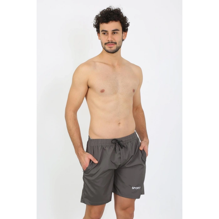 Moda Çizgi Erkek Fermuar Cepli Deniz Şortu Füme 27485