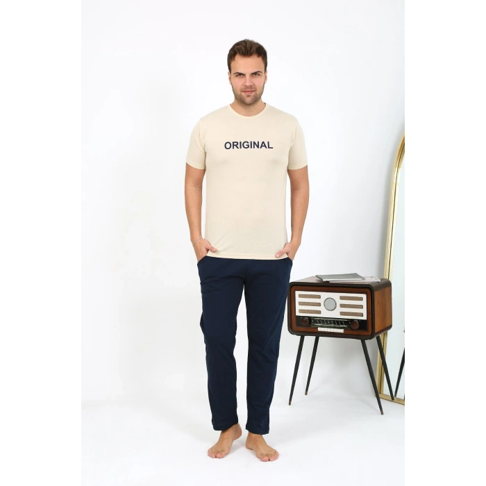 Moda Çizgi Erkek Kısa Kol Penye Pijama Takımı 6867 Krem