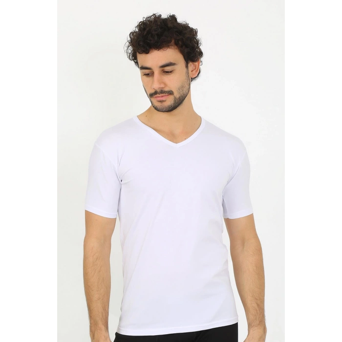 moda çizgi Erkek Likralı V Yaka Beyaz T-Shirt 65700