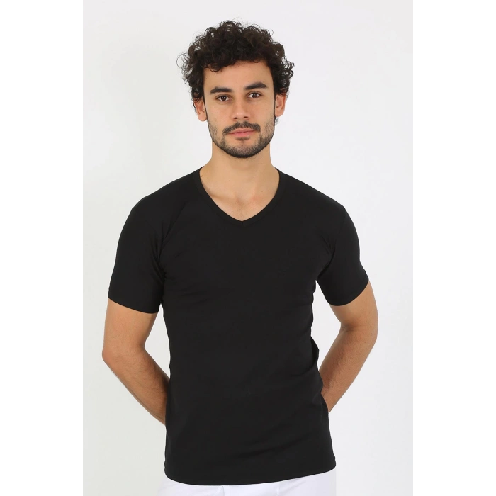 moda çizgi Erkek Likralı V Yaka Siyah T-Shirt 65700