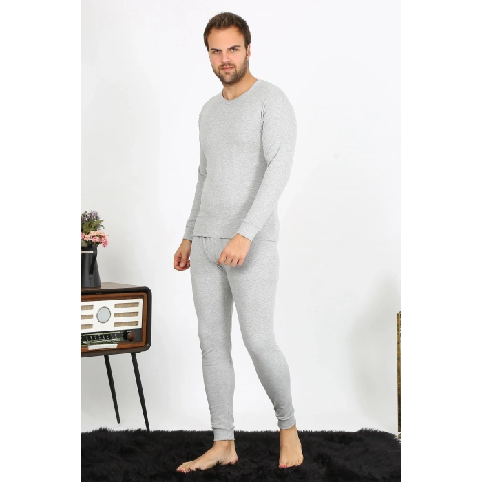 Moda Çizgi Erkek Pamuk Gri İçlik Takım 19103