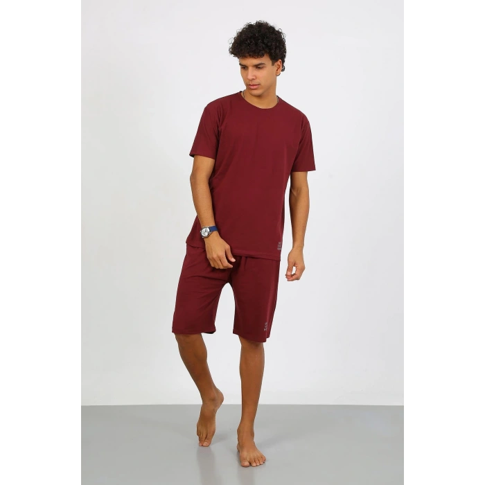 Moda Çizgi Erkek Pamuk Lakost Alt Üst Kaprili Pijama Takım Bordo 6872