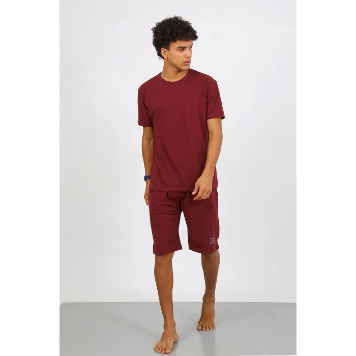 Moda Çizgi Erkek Pamuk Lakost Alt Üst Kaprili Pijama Takım Bordo 6872