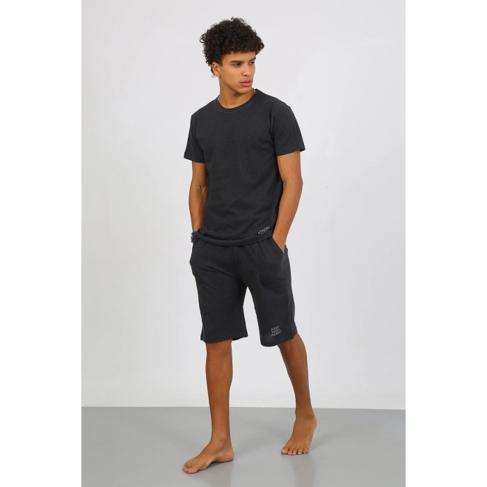 Moda Çizgi Erkek Pamuk Lakost Alt Üst Kaprili Pijama Takım Füme 6872