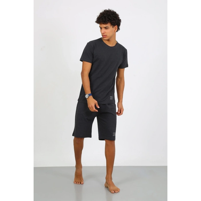 Moda Çizgi Erkek Pamuk Lakost Alt Üst Kaprili Pijama Takım Füme 6872