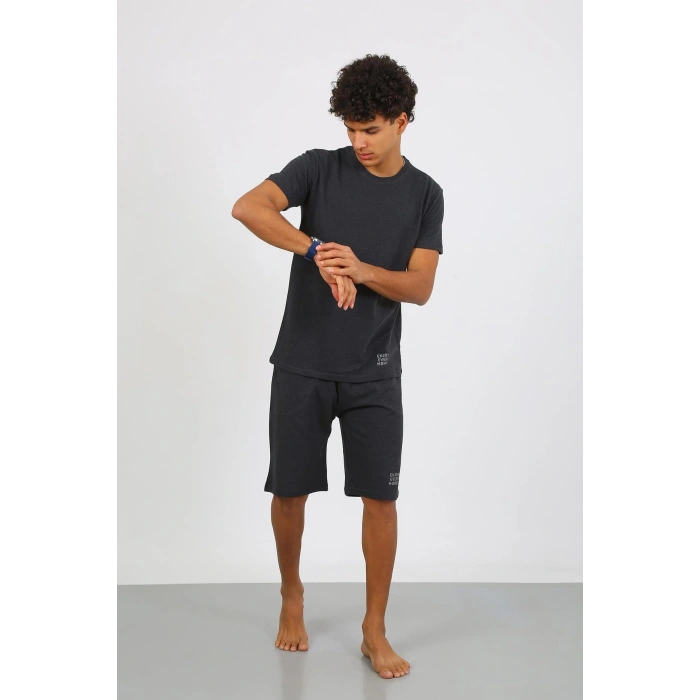 Moda Çizgi Erkek Pamuk Lakost Alt Üst Kaprili Pijama Takım Füme 6872